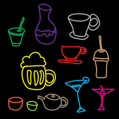 colorful drink & beverage icons set on black background