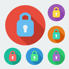 Flat style icon with long shadow, six colors, padlock.
