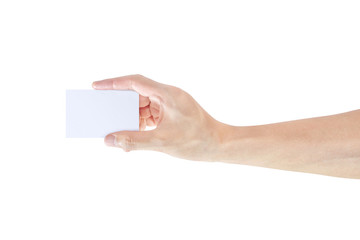 Fototapeta premium Hand with blank name card isolated in white background