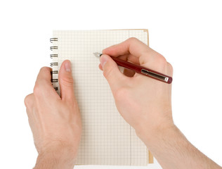 Hand writing on empty notepad (notebook) isolated on white
