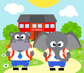 Back to school vector background with elephant ,hippopotamus