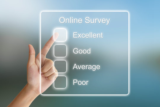 hand pushing online survey on virtual screen