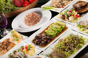 diet food set, round table full with vegetarian food with rice