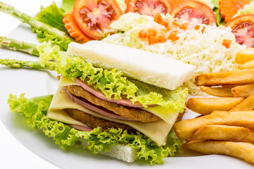 chicken sandwich on a white plate with french fries.