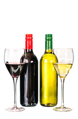 Glass of red and white wine with bottle