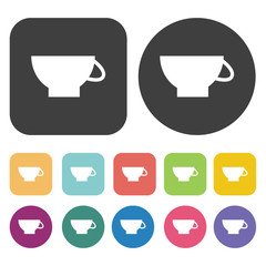Coffee cup icons set. Round and rectangle colourful 12 buttons.