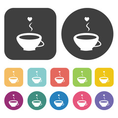 Coffee cup icons set. Round and rectangle colourful 12 buttons.