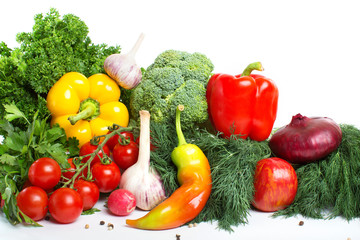 decorative pattern of fresh vegetables on white background