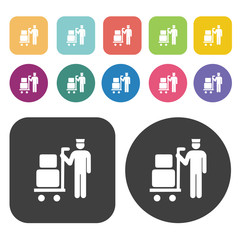 bellhop pushing a luggage trolley icon set. Hotel symbol. Round