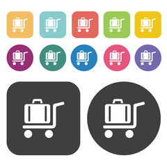 Hotel baggage cart icon set. Round and rectangle colourful 12 bu