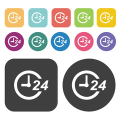 Helpdesk 24 hour icon set. Round and rectangle colourful 12 butt