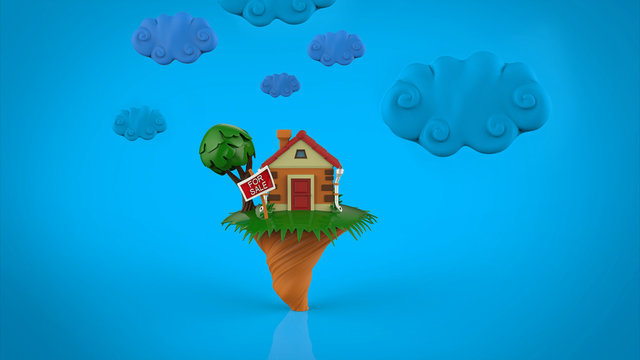 cartoon funny  house in summer season, with blue clouds