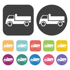 Truck icons set. Round and rectangle colourful 12 buttons.