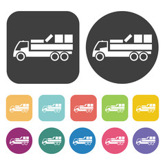 Truck icons set. Round and rectangle colourful 12 buttons.