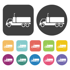 Truck icons set. Round and rectangle colourful 12 buttons.