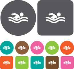 Swimming Health and Fitness icons set. Round and rectangle colou