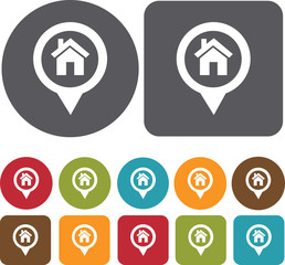 Home Map Location Icons set. Round and rectangle colourful 12 bu