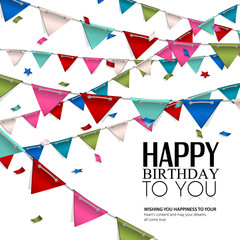 Vector birthday card with confetti and bunting flags.