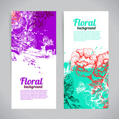 Banners with floral background. Hand drawn illustration of roses
