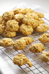 close up many cookie on metal tray