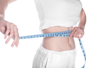 Woman measuring his waistline