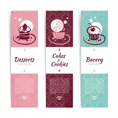 Set of vintage bakery banners with cupcakes. Menu for restaurant