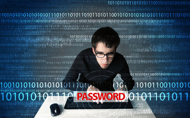 Young geek hacker stealing password
