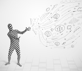 Guy in body suit morphsuit looking at sketches and doodles