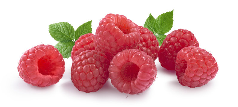 Raspberry horizontal set with leaves isolated on white backgroun