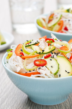 delicious Thai salad with vegetables, rice noodles and chicken
