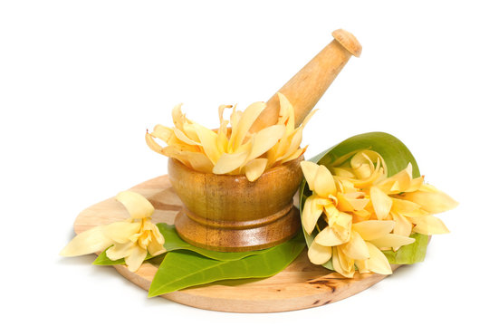 Mortar and pestle with champaka flower decoration for spa aromat
