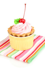 Cake with cherry in bowl for baking isolated on white