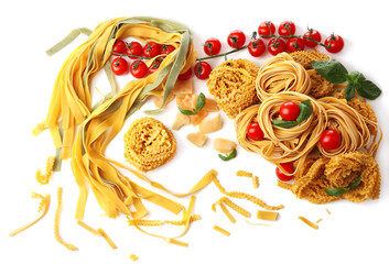 Raw homemade pasta and tomatoes, isolated on white