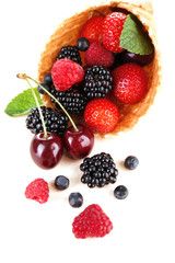 Different ripe berries in sugar cone, on beige background