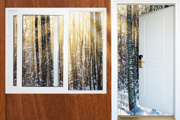 open door and a winter forest