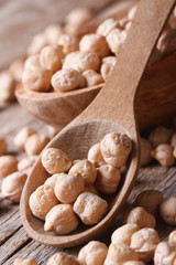 pile of dried chickpeas in a wooden spoon macro vertical