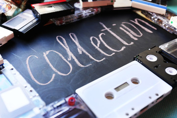 Collection of retro audio tapes, close up