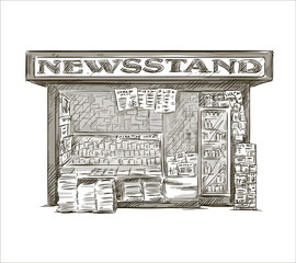 Newsstand. Hand drawn press kiosk. vector illustration.