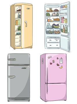 four hand drawn cartoon fridges. open fridge with healthy food