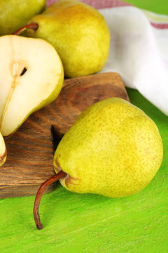 Ripe pears on table close up
