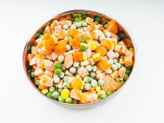 Frozen vegetables, carrots, peas and maize in steel bowl
