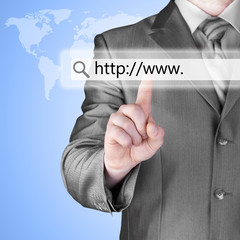Businessman pushing virtual search bar