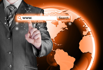 Businessman pushing virtual search bar