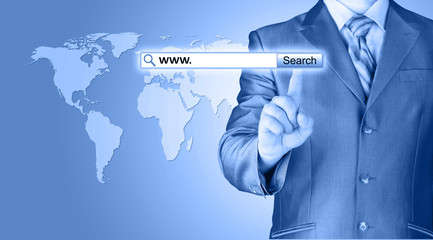 Businessman pushing virtual search bar