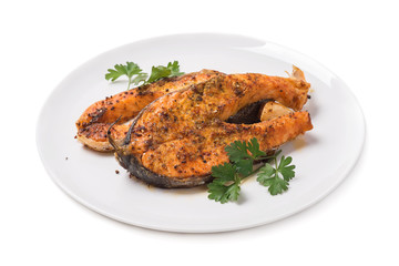 Baked trout on white background