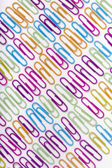 vertical lines of colorful office paper clips 