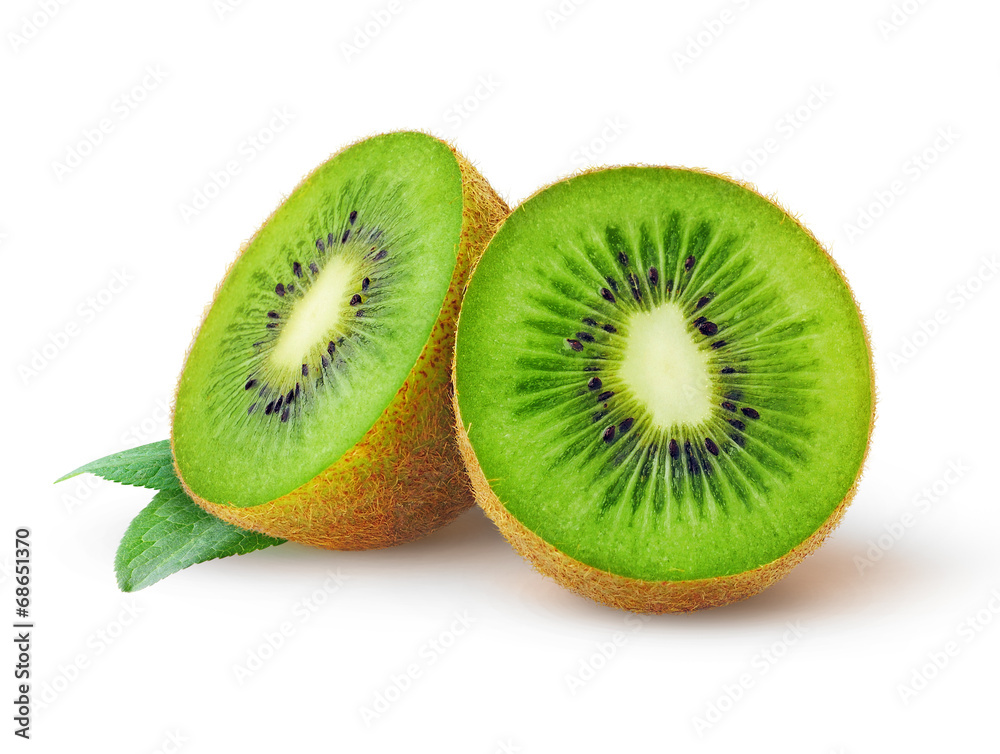 Aufkleber Isolated kiwi. One kiwi fruit cut in halves isolated on white background with clipping path