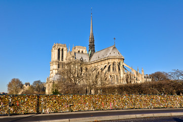 Fototapeta na wymiar Cathedral Notre Dame and Bridge Pont des Arts in Paris