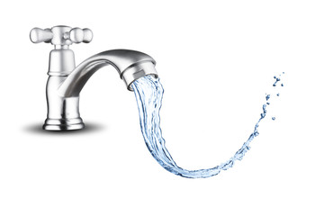 Water splash from water tap on white background