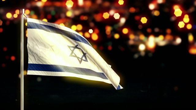 Israel National Flag City Light Night Bokeh Loop Animation